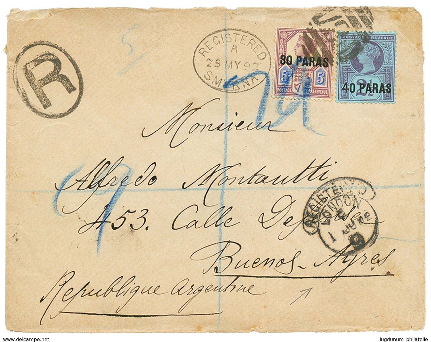 1034 SMYRNA : 1892 40p + 80p Canc. F87 + REGISTERED SMYRNA On Cover To ARGENTINA. Rare Destination. Vf. - Andere & Zonder Classificatie