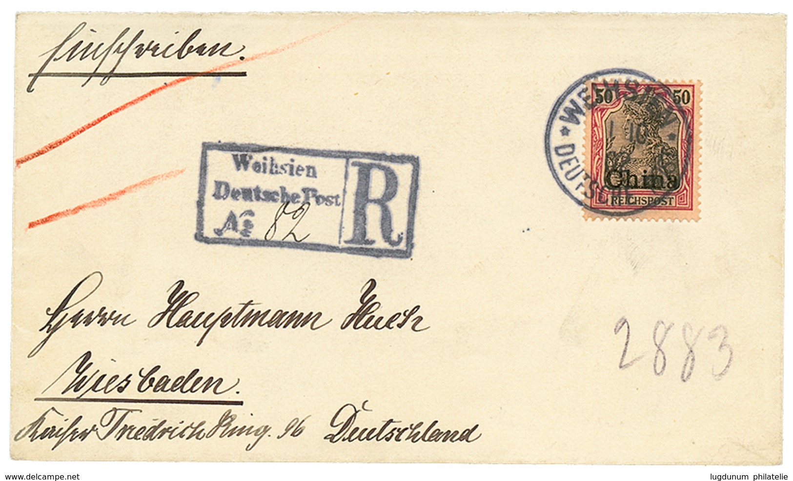 1055 "WEIHSIEN" : 1902 50pf Canc. WEIHSIEN On REGISTERED Envelope To GERMANY. Superb. - Chine (bureaux)