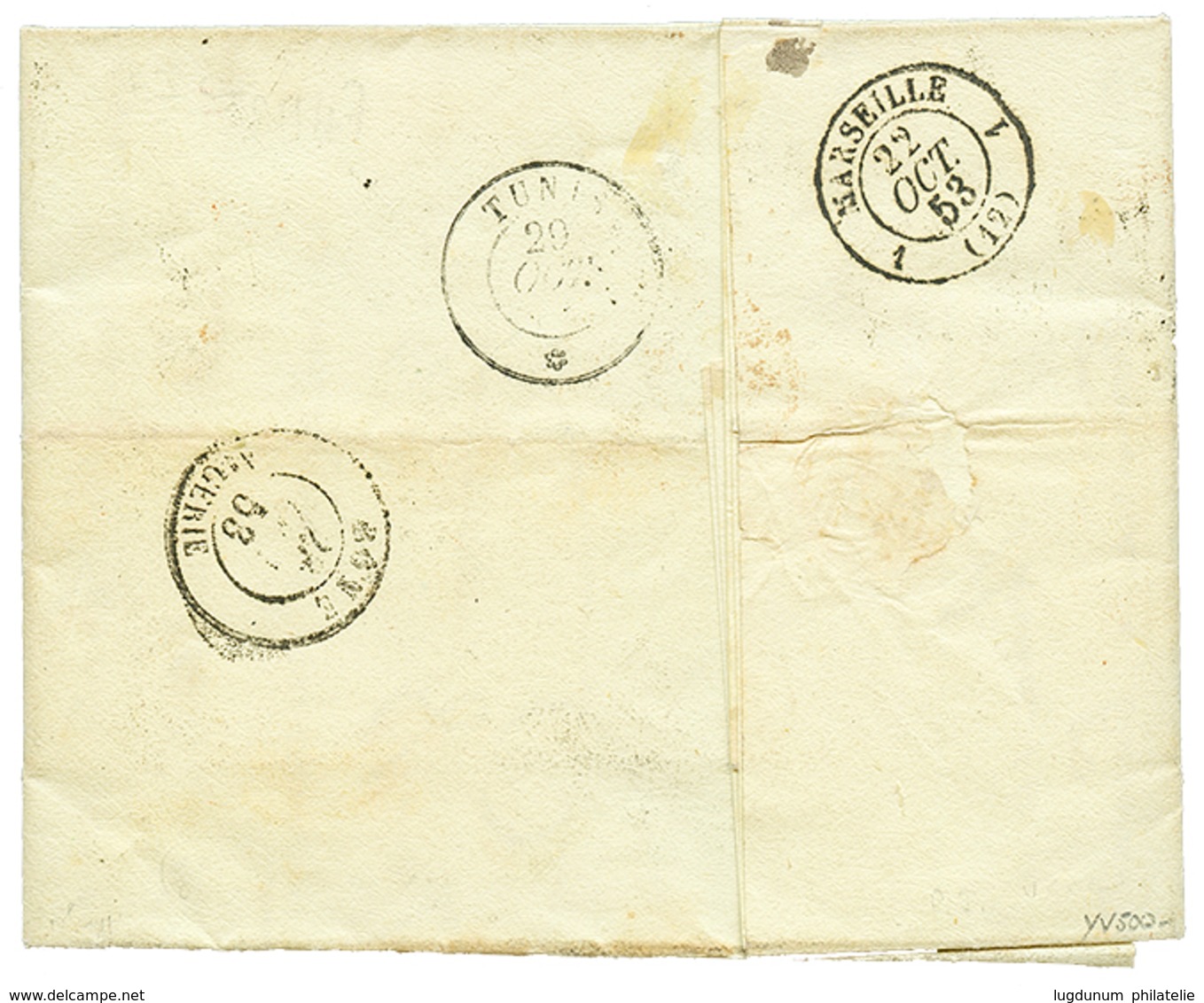 1152 PAPAL STATES To TUNISIA : 1853 6B + 8B(x4) Canc. ROMA On Entire Letter To TUNISIA. Verso, Cds TUNIS + BONE ALGERIE. - Ohne Zuordnung