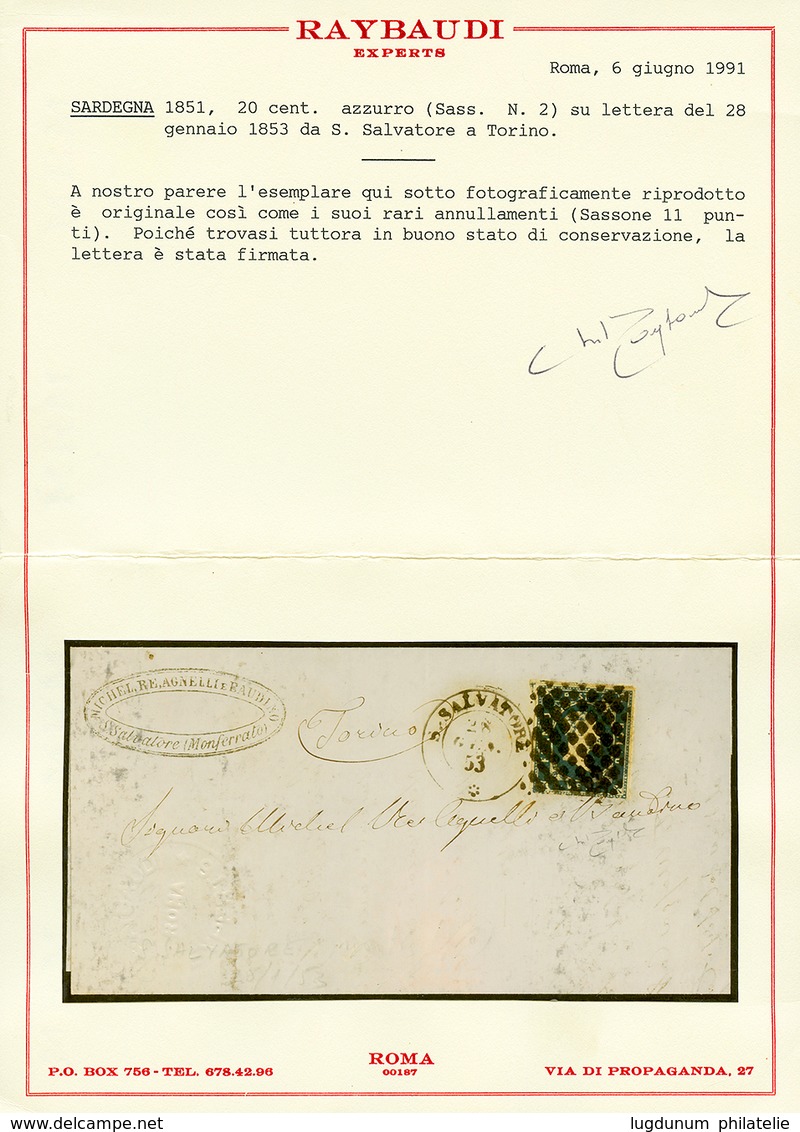 1159 SARDINIA : 1853 20cjust Touched At Base) Canc. ROMBI + S.SALVATORE On Entire Letter To TORINO. RARE (Sassone = 9500 - Ohne Zuordnung