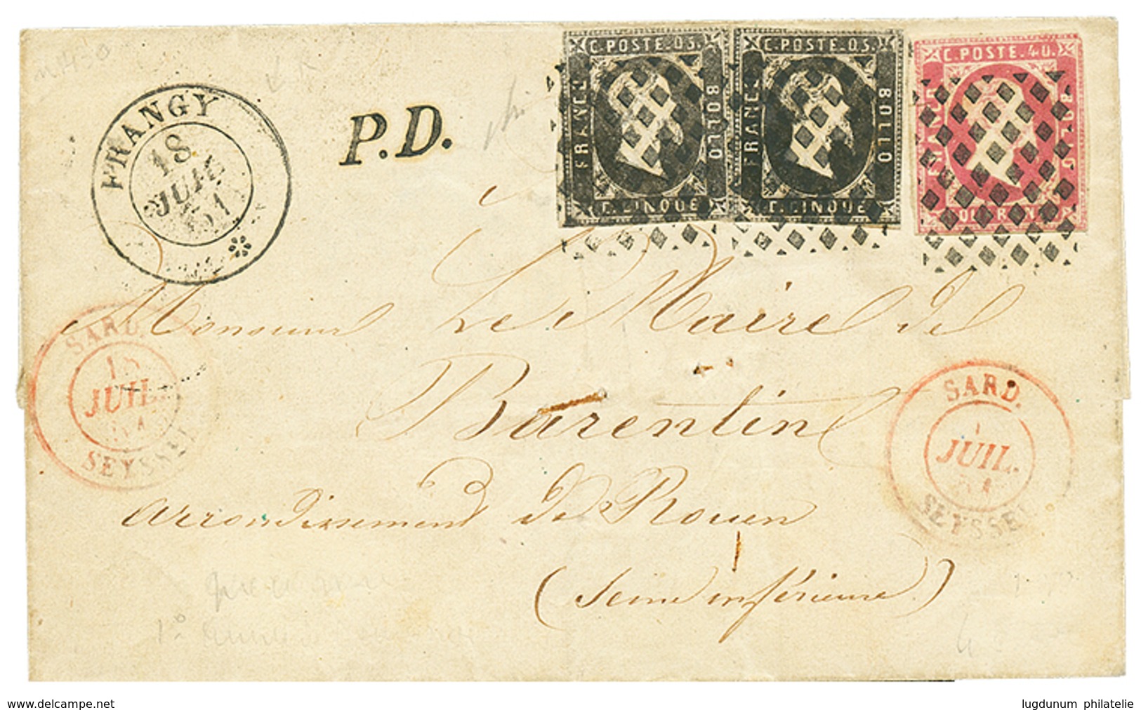 1160 SARDINIA 1851 5c(n°1d) + 5c(n°1b) + 40c(n°3) Canc. ROMBI + FRANGY On Cover To FRANCE. Stamps With Margins Just Touc - Non Classés