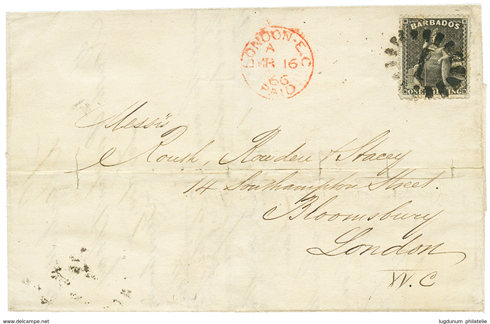 1236 1866 BARBADOS 1 Shilling Canc. 1 + BARBADOES (verso) On Cover To ENGLAND. Vvf. - Barbados (...-1966)