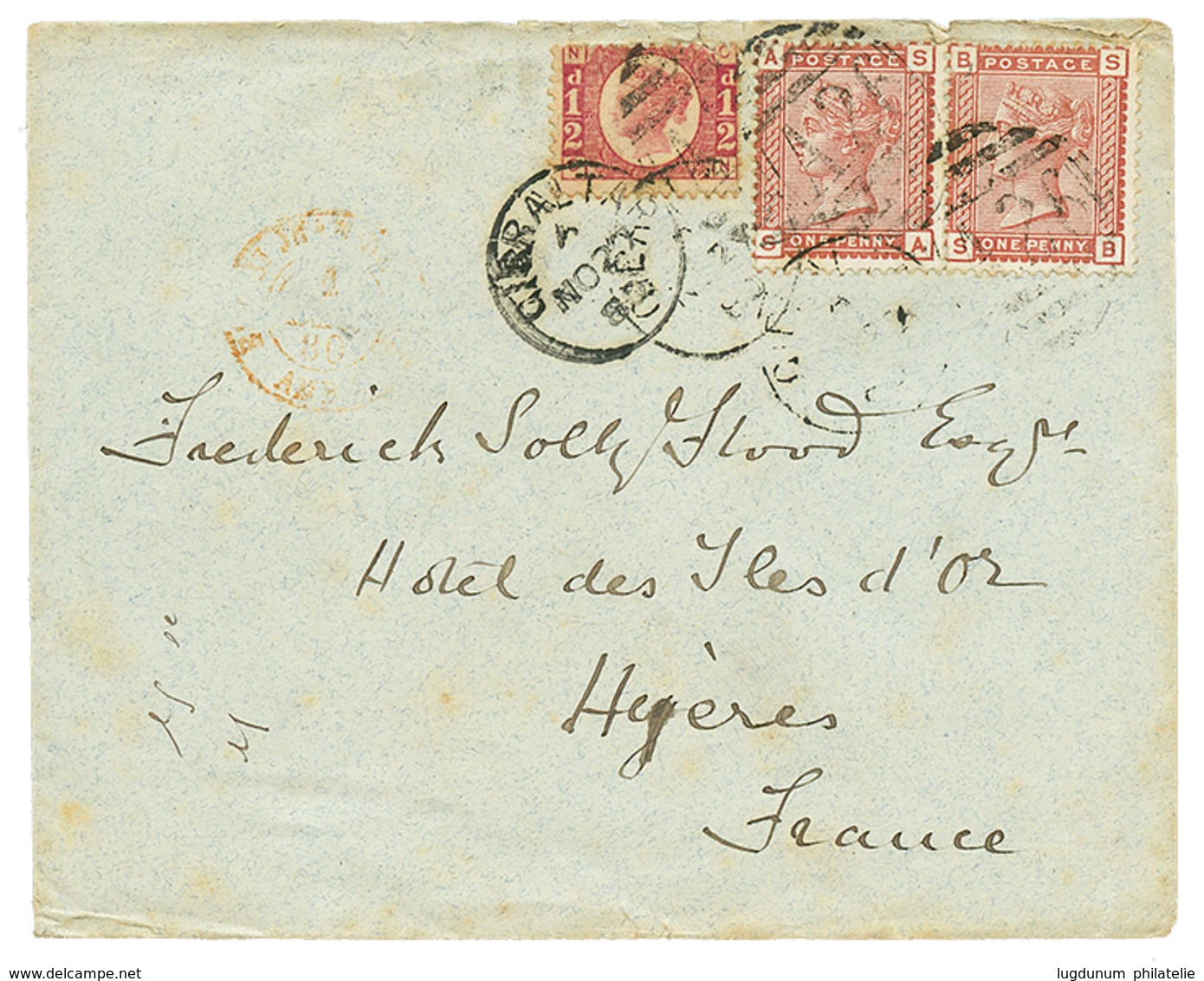 1266 1880 1/2d + 1d(x2) Canc. A25 + GIBRALTAR On Envelope To FRANCE. Vf. - Other & Unclassified