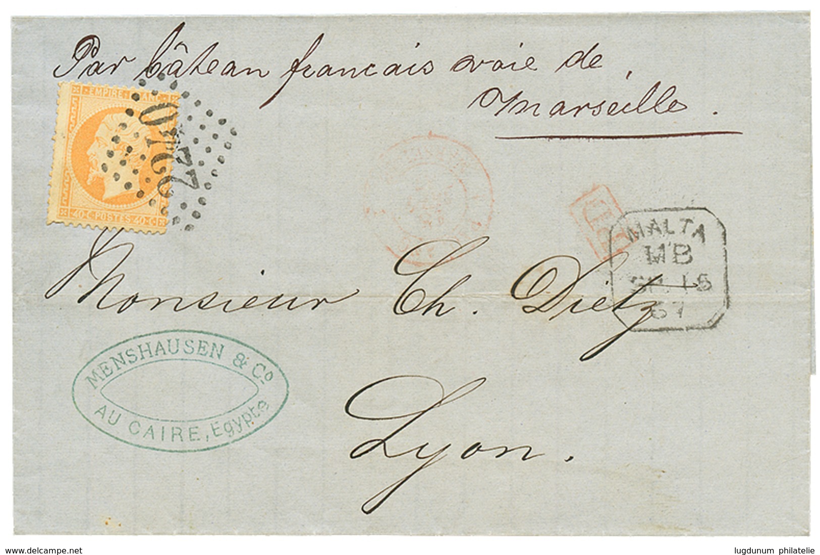 1314 1867 FRANCE 40c Canc. GC 2240 + Boxed MALTA/M.B On Cover From CAIRO (EGYPT) To FRANCE. Vvf. - Malte (...-1964)