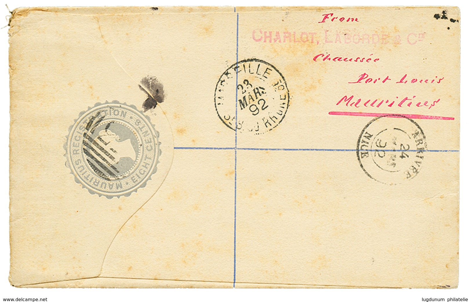 1318 1892 16c Canc. B53 + REGISTERED MAURITIUS On REGISTERED-LETTER(8c) Via ZANZIBAR To FRANCE. Vvf. - Mauritius (...-1967)