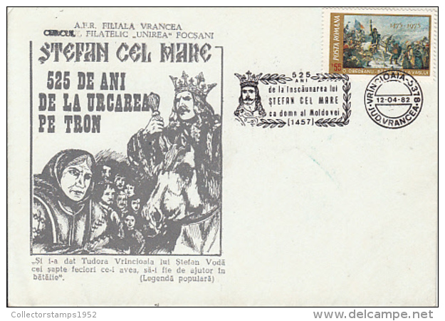 72562- STEPHEN THE GREAT, PRINCE OF MOLDAVIA, VRANCIOAIA OLD WOMAN, SPECIAL COVER, 1982, ROMANIA - Brieven En Documenten