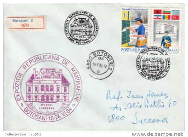 72566- BOTOSANI PHILATELIC EXHIBITION, COUNTY MUSEUM, REGISTERED SPECIAL COVER, 1984, ROMANIA - Brieven En Documenten