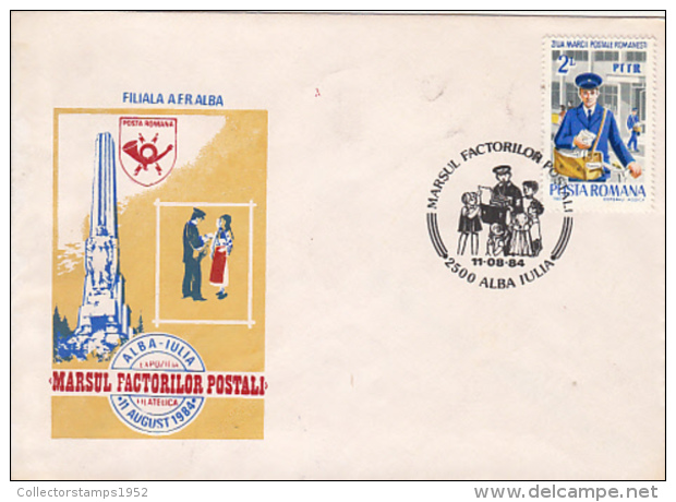 72567- POSTAL WORKERS' MARCH, ALBA IULIA STAGE, SPECIAL COVER, 1984, ROMANIA - Brieven En Documenten