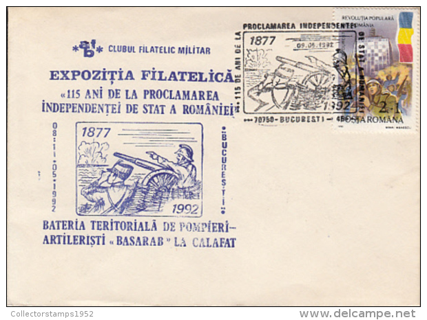 72577- ROMANIAN STATE INDEPENDENCE, 1877 WAR, CALAFAT BATTLE, CANNON, SPECIAL COVER, 1992, ROMANIA - Brieven En Documenten