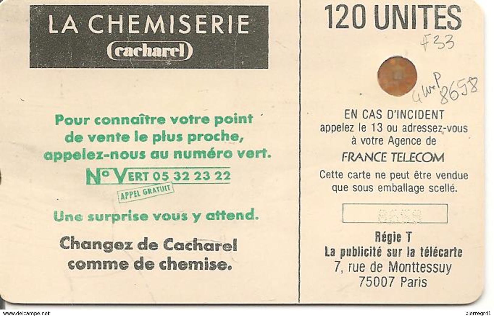 CARTE=PUBLIC-F33-120U-SC4 Ob-1988-CACHAREL-CHEMISE-V° 4 Impact-N°8658-Couronne évidée-UTILISE-TBE--RAR E- - 1988