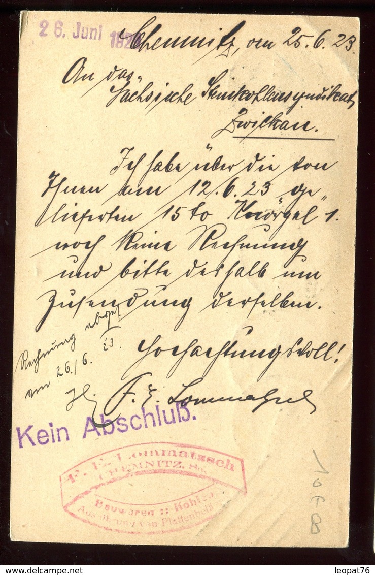 Allemagne - Entier Postal + Complément De Chemnitz En 1923 - Postkarten