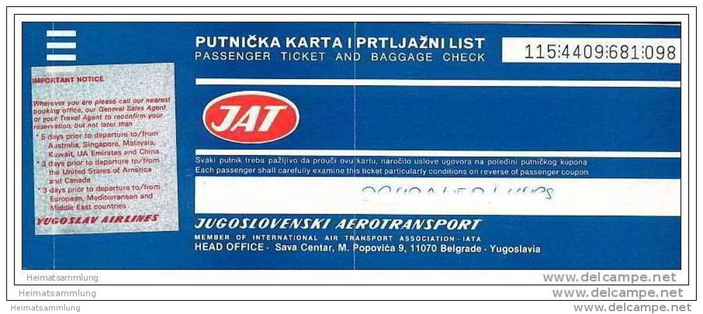 JAT - Jugoslovenski Aerotransport 1989 - Belgrade Singapore Bangkok Belgrade - Tickets