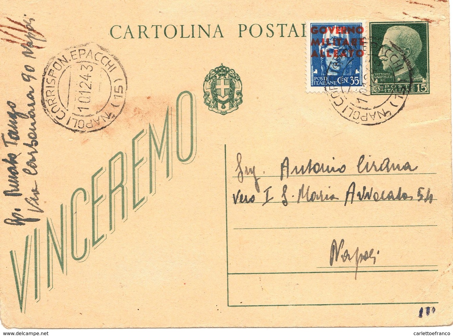 Molto Raro - Francobollo C35 Sovrastampato Aggiunto A Cartolina Postale - Anglo-american Occ.: Naples