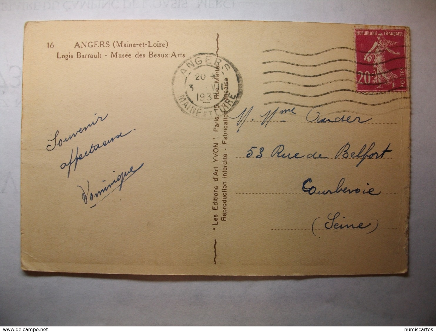 Carte Postale Angers (49) Logis Barrault - Musée Des Beaux Arts (Petit Format Noir Et Blanc Oblitérée 1937 Timbre 20 C ) - Angers