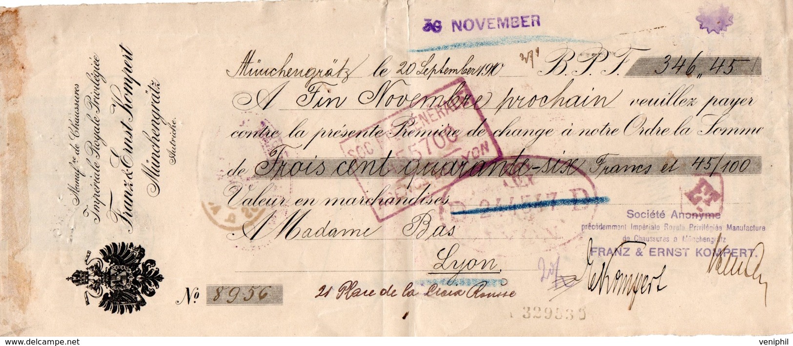 LETTRE DE CHANGE TIMBREE -AUTRICHE - MANUF DE CHAUSSURES IMPERIALE ROYALE -MUNCHENGRATTZ -1910 - Wechsel