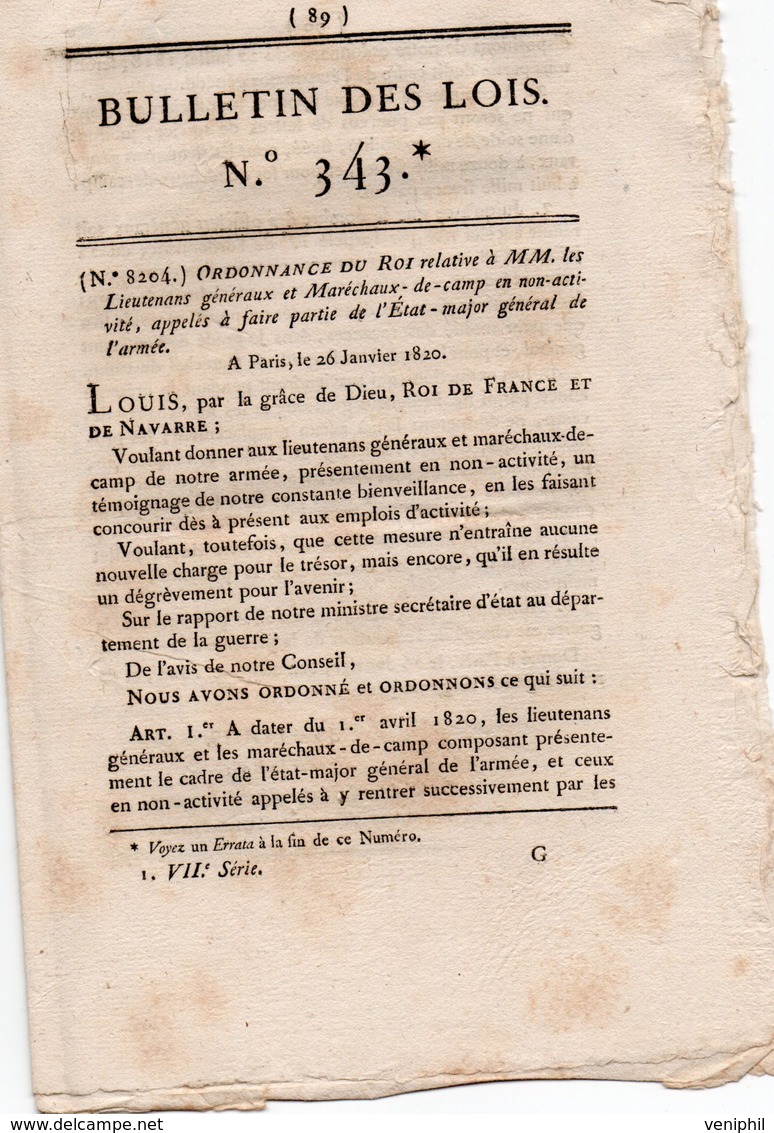 BULLETIN DES LOIS - 1820 ORDONNANCE DU ROI A MM LES LIEUTENANTS GENERAUX ET MARECHAUX - Decrees & Laws