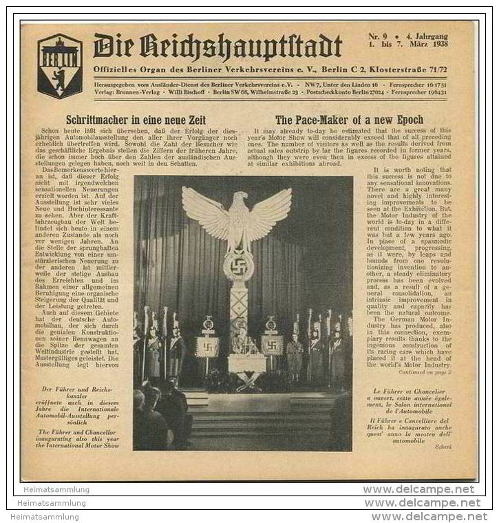 Die Reichshauptstadt - Offizielles Organ Des Berliner Verkehrs-Vereins E.V. - Wochenprogramm 1. Bis 7. März 1938 - Berlijn