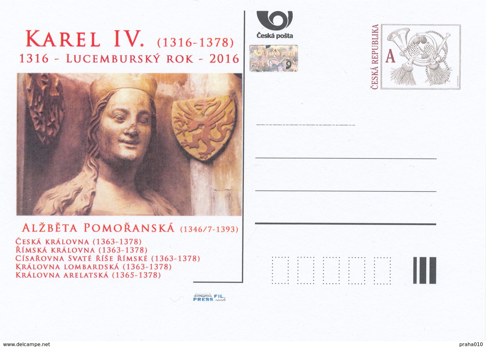 Tchéquie / Cartes Post. (Pre2016/16) Année Du Luxembourg - Charles IV (1316-1378); Elizabeth De Poméranie (1346/7-1393) - Sobres