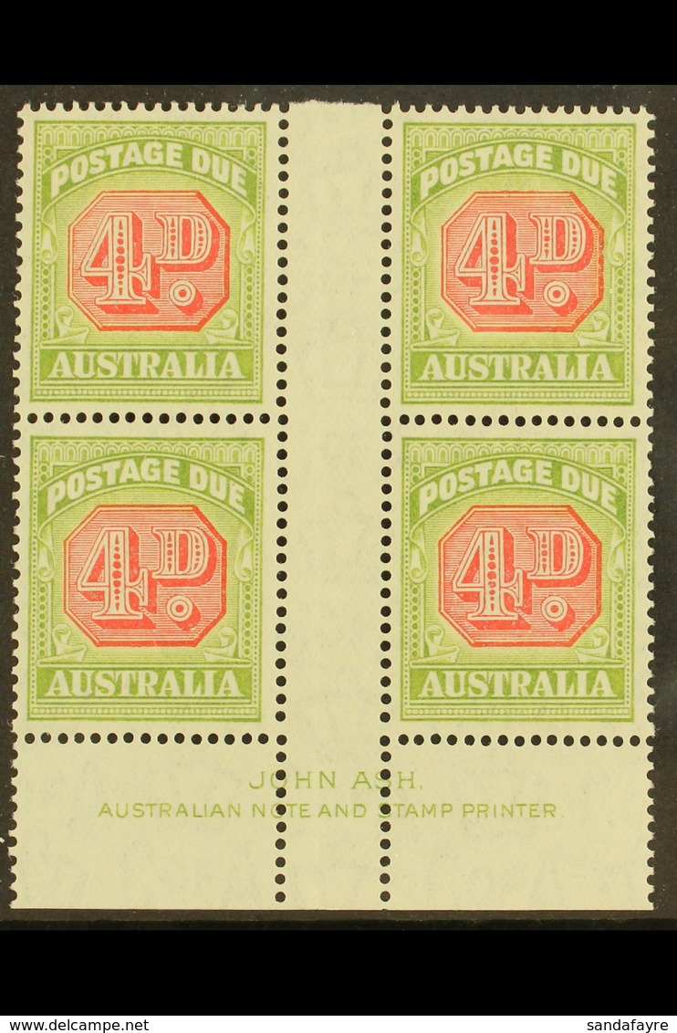 POSTAGE DUE  1938 4d Carmine And Green, SG D116, JOHN ASH Imprint Gutter Block Of Four, Very Fine Mint. Superb. (4 Stamp - Autres & Non Classés