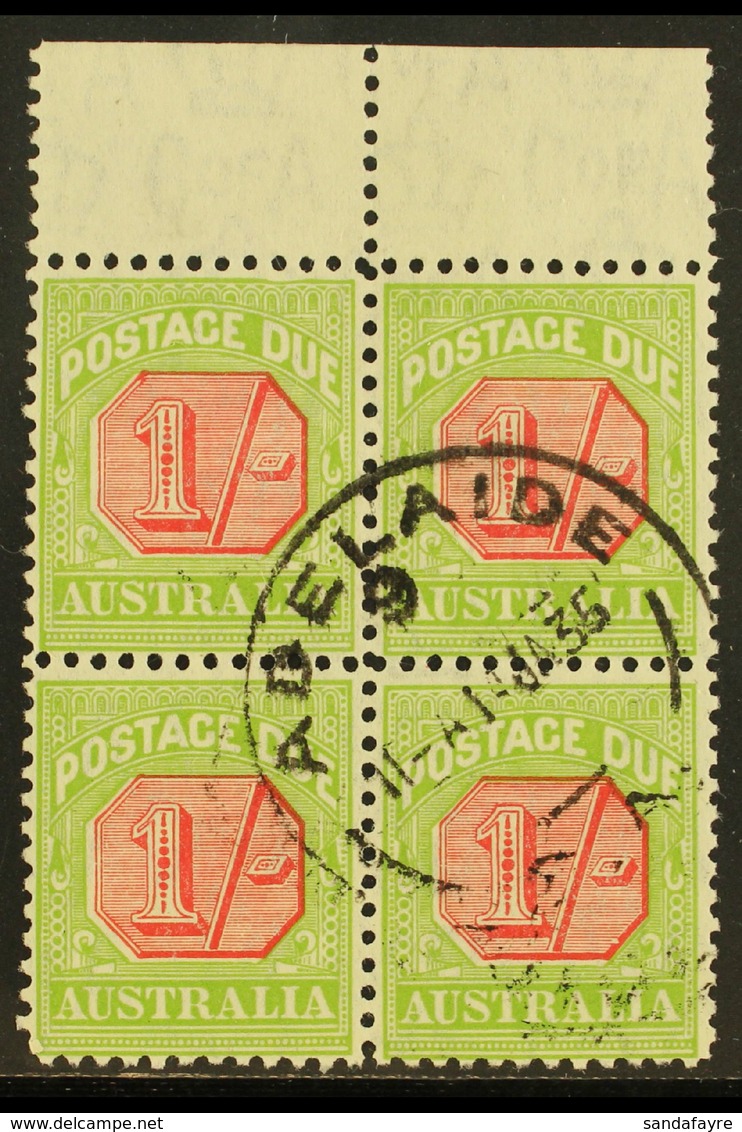 POSTAGE DUES  1931-36 1s Carmine & Yellow-green, SG D111, Very Fine Cds Used Upper Marginal BLOCK Of 4, Fresh & Scarce.  - Autres & Non Classés