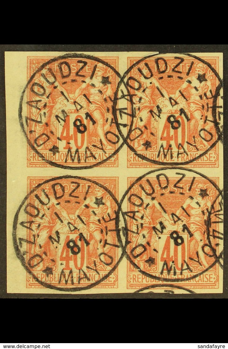 MAYOTTE  1877-79 40c Red On Yellow Sage General Issue (Yvert 27, Maury 34), Superb Used Marginal IMPERF BLOCK Of 4 Cance - Andere & Zonder Classificatie