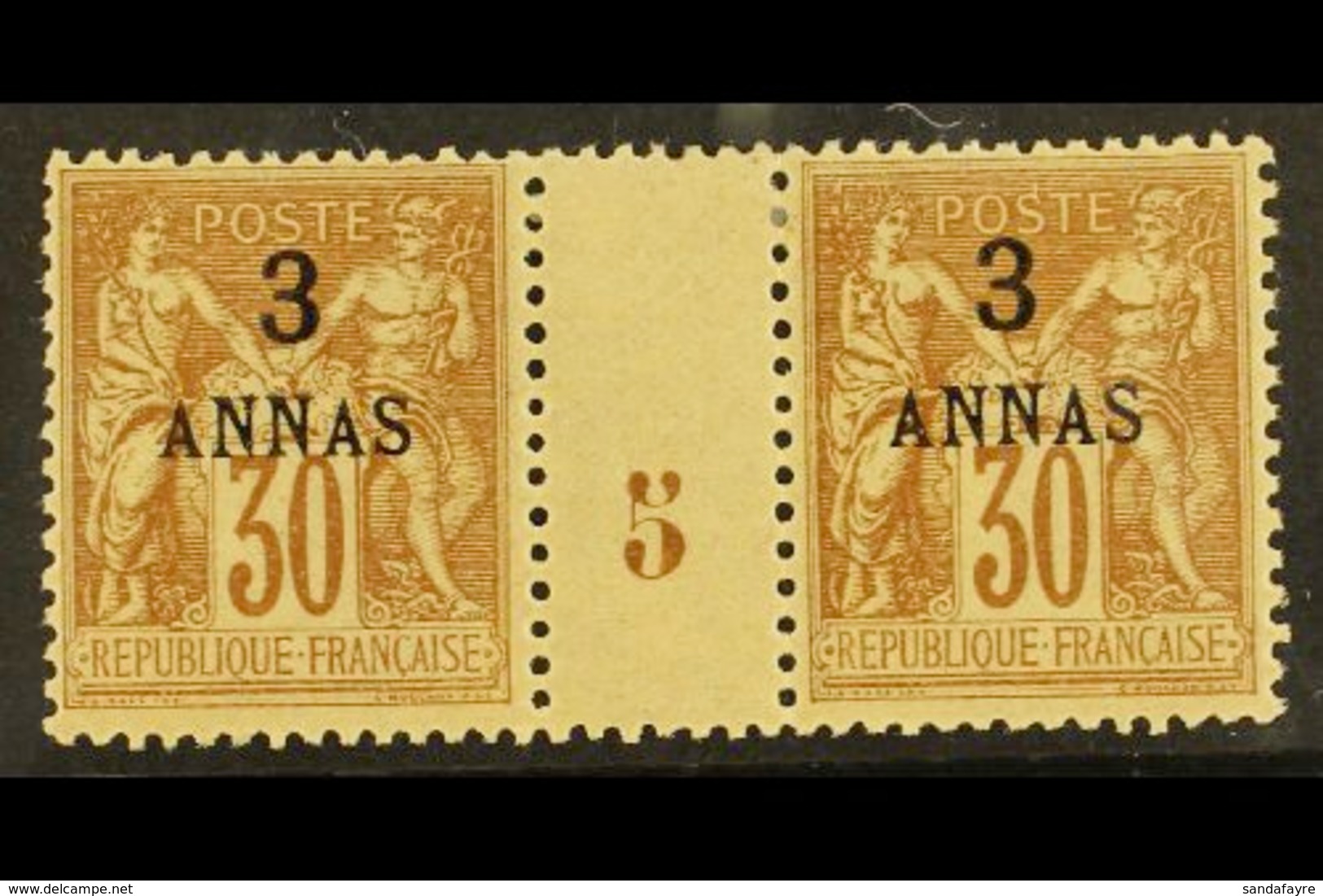 ZANZIBAR  1894-96 3a On 30c Brown (1895) MILLESIME (Number 5) PAIR, Yvert 6, Very Fine Lightly Hinged Mint For More Imag - Sonstige & Ohne Zuordnung