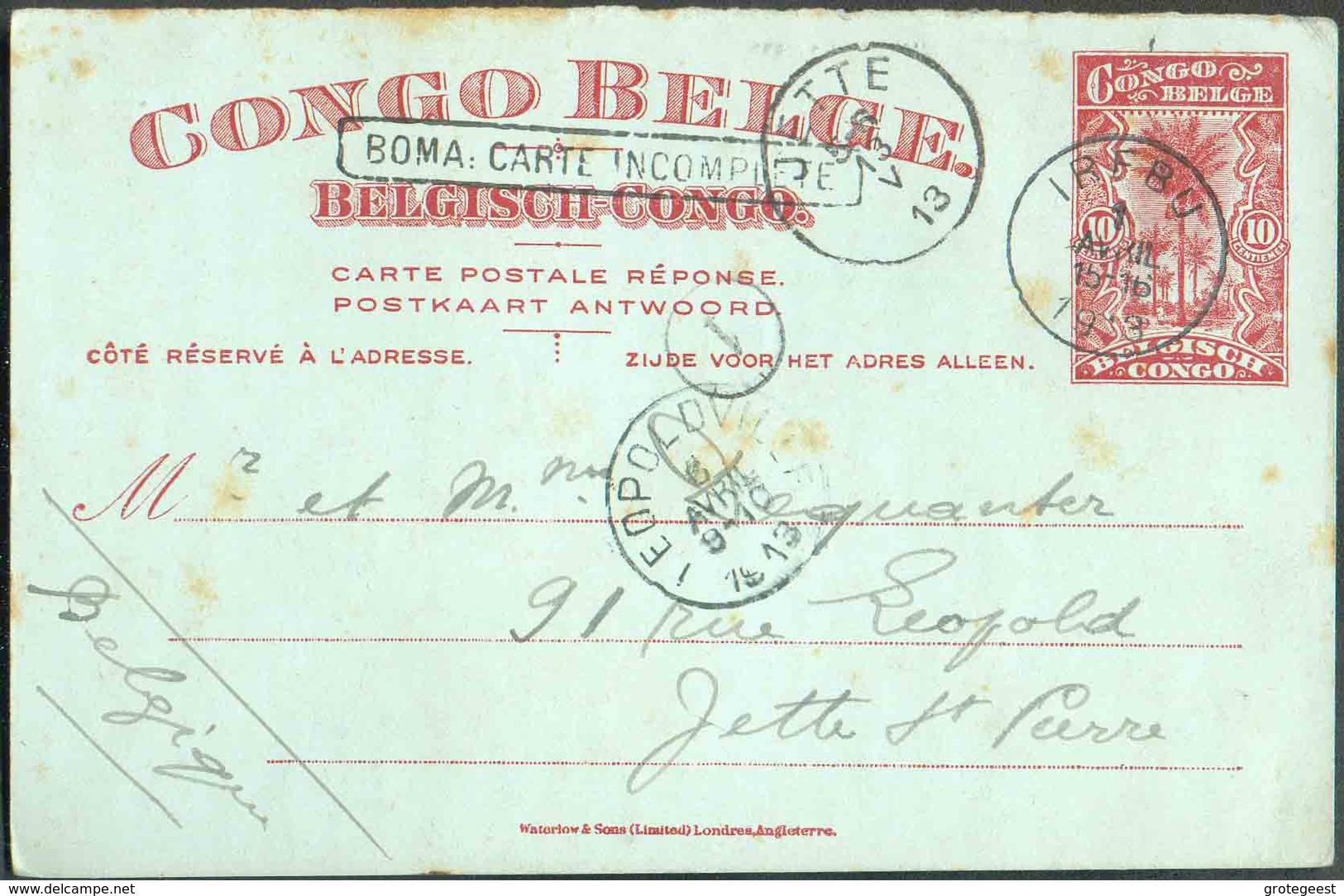 E.P. Carte 10 Centimes Palmier, Griffe BOMA CARTE INCOMPLET -partie Réponse-, Obl. Sc IREBU Du 1 Avril 1913 Vers Jette ( - Interi Postali