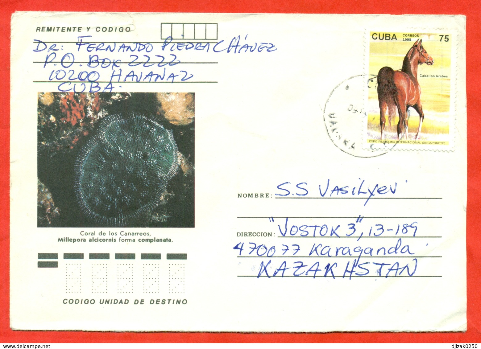 Cuba 1995.Horse, Coral. Envelope Passed The Mail. - Brieven En Documenten