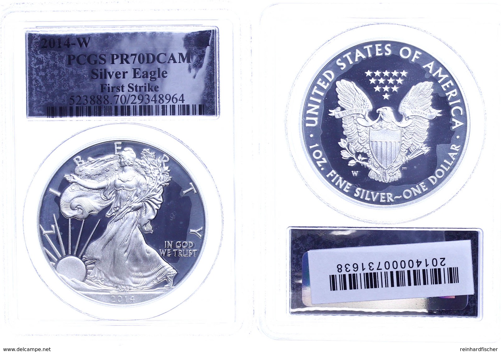 729 1 Dollar, 2014, W, Silver Eagle, In Slab Der PCGS Mit Der Bewertung PR70DCAM, First Strike, Silver Foil Label. - Andere & Zonder Classificatie