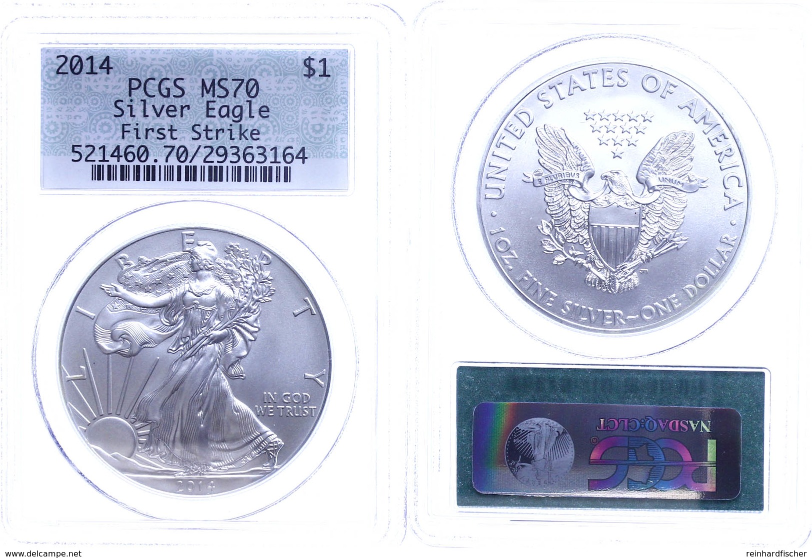 746 Dollar, 2014, Silver Eagle, In Slab Der PCGS Mit Der Bewertung MS70, First Strike, Grünes Retro Label. - Andere & Zonder Classificatie