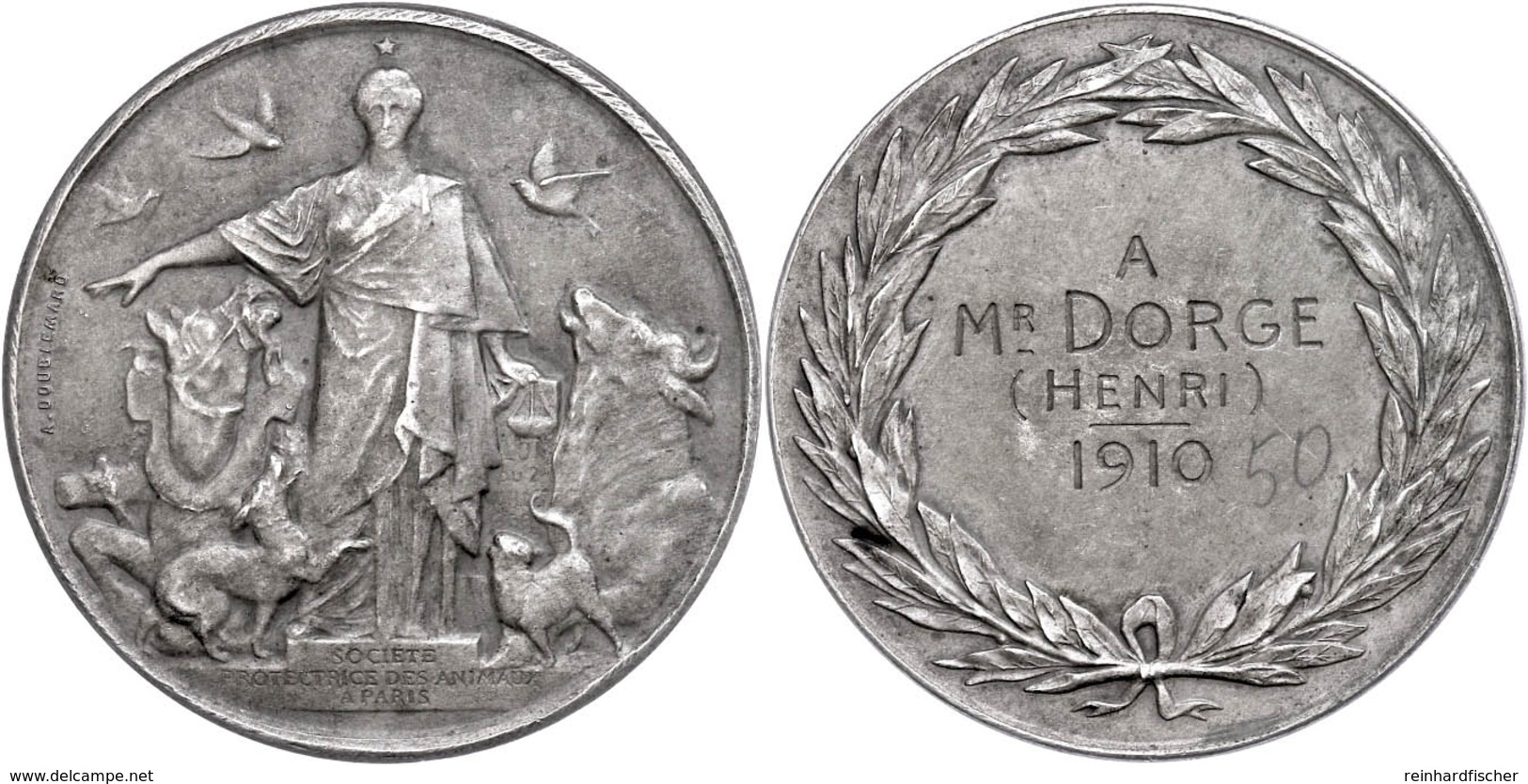 1175 Frankreich, Silbermedaille (Dm. Ca. 41,90mm, Ca. 37,29g), 1910, Von A Doublemart, Verleihung Der Pariser Tierschutz - Sonstige & Ohne Zuordnung