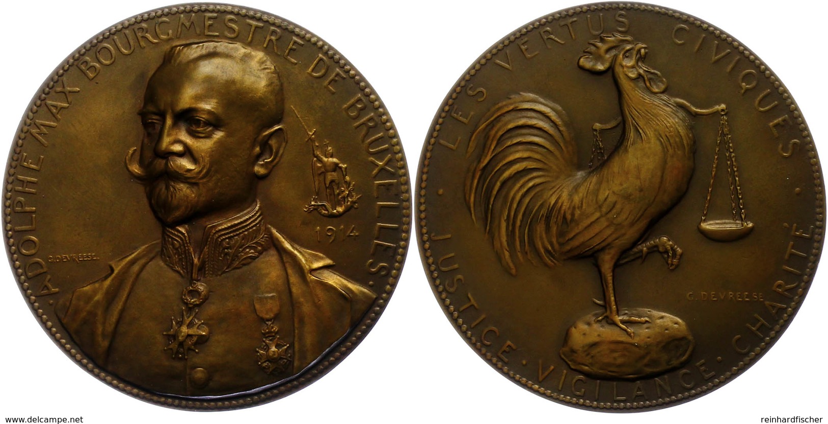 1198 Belgien, Bronzemedaille (Dm. Ca. 65,10mm, Ca. 102,99g), 1914, Von G. Devreese, Auf Den Bürgermeister Adolphe Max. A - Sonstige & Ohne Zuordnung