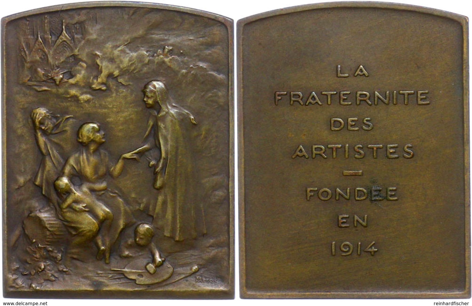 1201 Frankreich, Bronzeplakette (ca. 39,50x31mm, 20,62g), 1914, Von Mercié. Av: Stehende Weibliche Gestalt Im Mantel Vor - Sonstige & Ohne Zuordnung