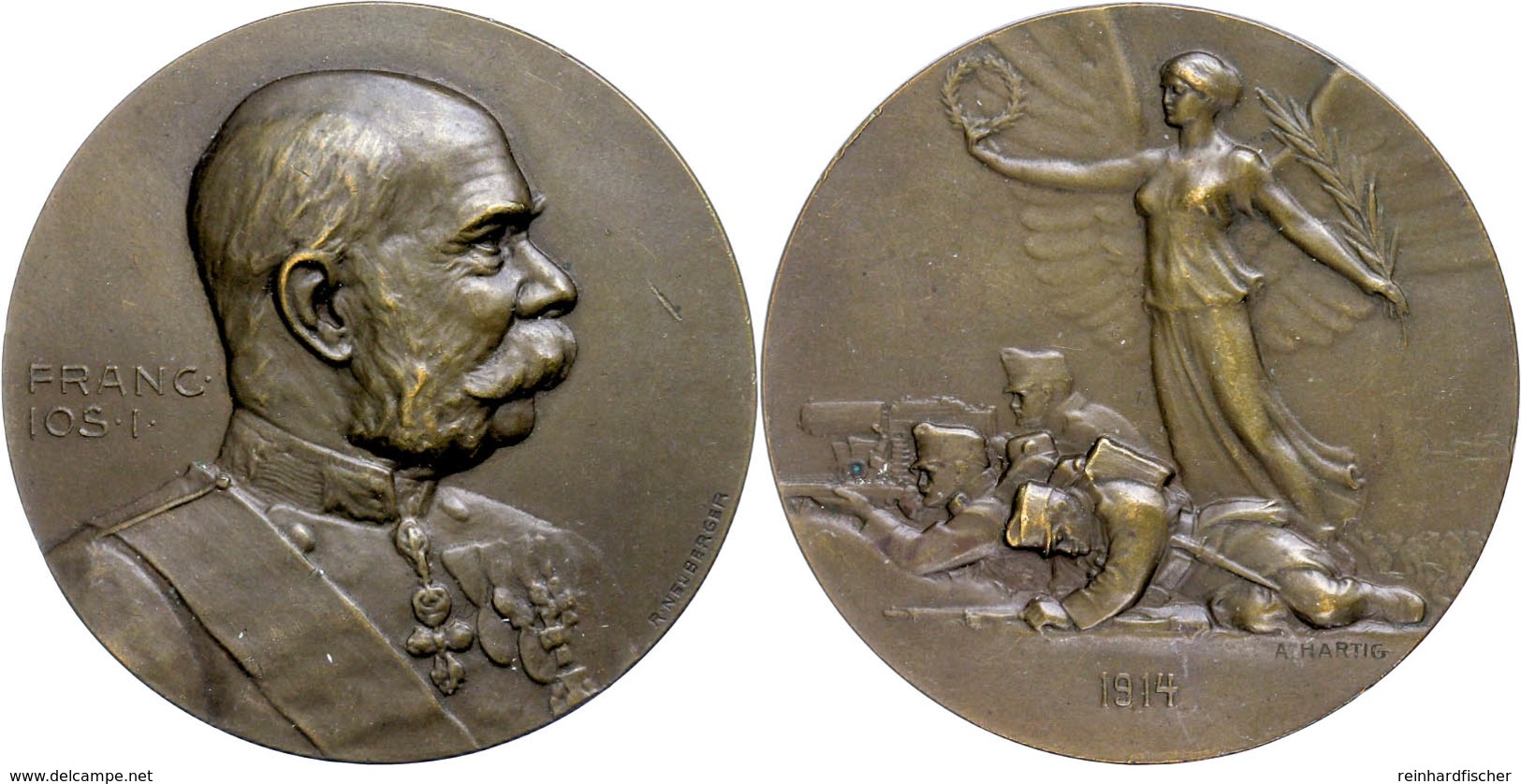 1205 Österreich, Franz Josef I., Bronzemedaille (Dm. Ca. 50mm, Ca. 59,20g), 1914, Von A. Hartig, Auf Den Kriegsbeginn. A - Sonstige & Ohne Zuordnung