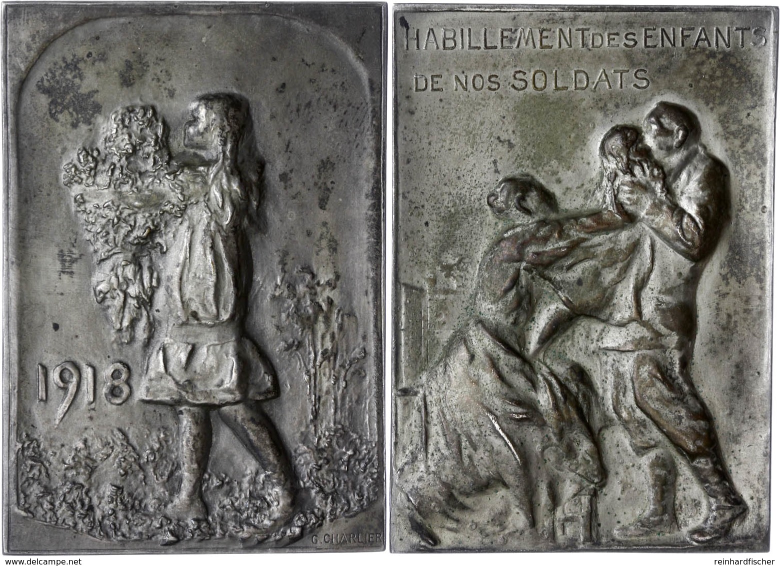 1221 Belgien, Versilberte Bronzeplakette (ca. 66x46mm, Ca. 78,31g), 1918, Von G. Charlier. Av: Junges Mädchen Mit Blumen - Sonstige & Ohne Zuordnung