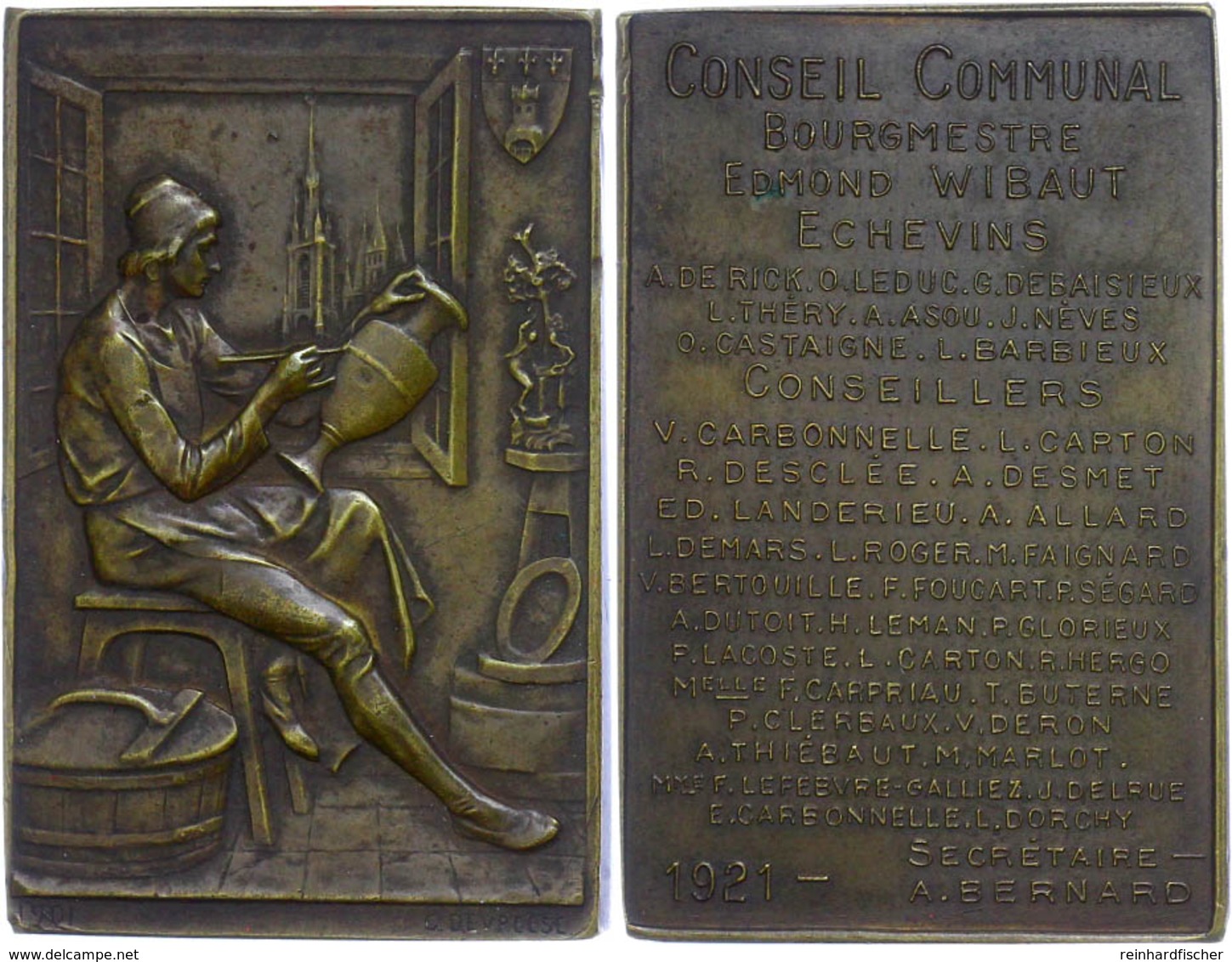 1243 Rechteckige Bronzeplakette (ca. 44,20x29mm, Ca. 23,91g), 1921, Von G. Devreese. Av: Sitzende Männliche Gestalt Beim - Sonstige & Ohne Zuordnung