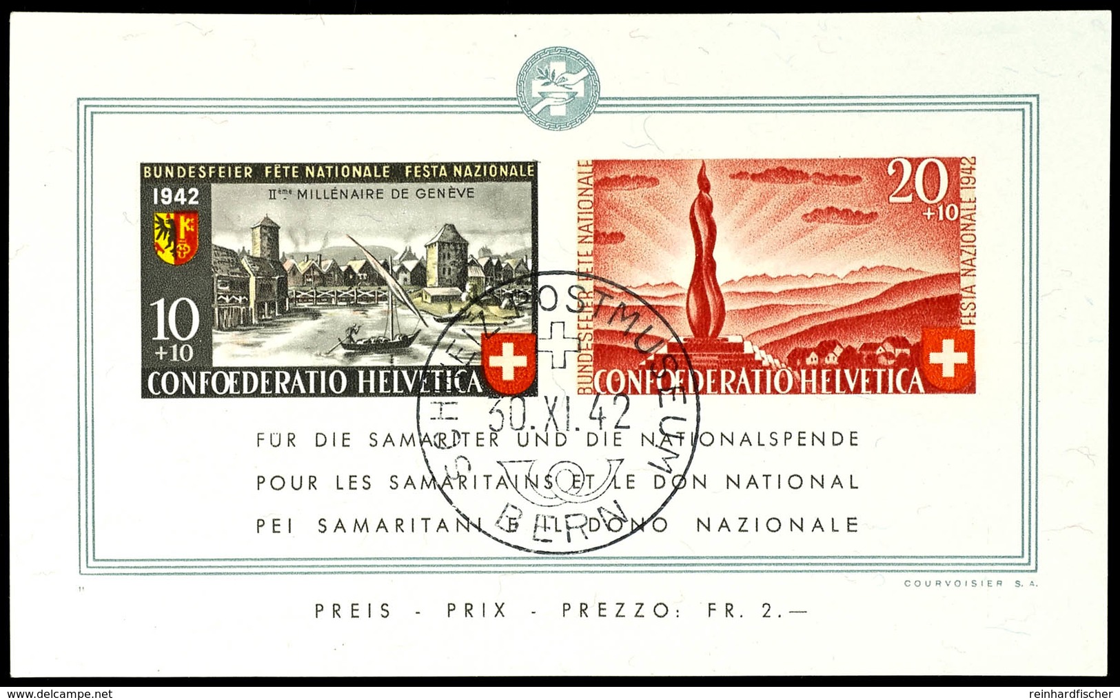 6007 1942, Blockausgabe Pro Patria 2000 Jahre Stadt Genf, Zentrisch Gestempelt "SCHWEIZ. POSTMUSEUM BERN 30.XI.42", Tade - Andere & Zonder Classificatie