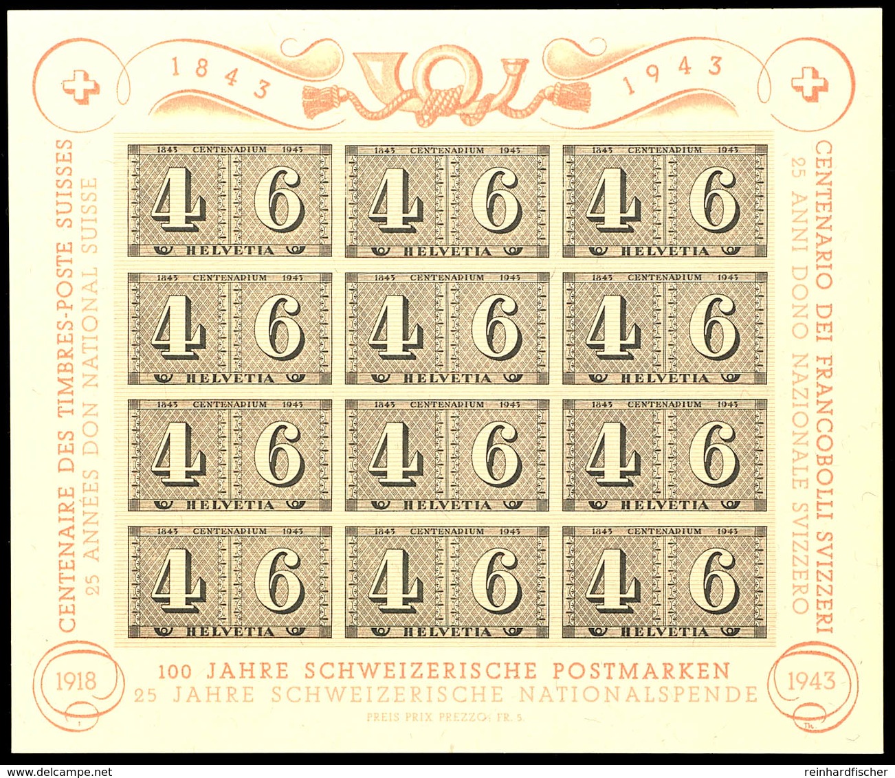 6008 1943, Blockausgabe 100 Jahre Schweizer Briefmarken, Tadellos Postfrisch, Mi. 110.-, Katalog: Bl.9 ** - Andere & Zonder Classificatie