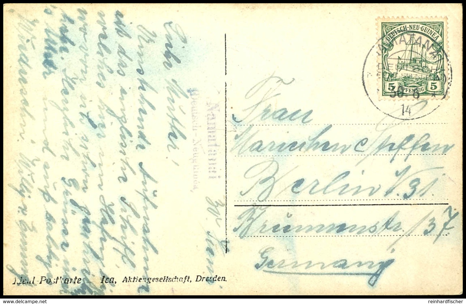 6531 NAMATANAI, Echtfoto-AK Mit 5 Pfg Kaiseryacht, Stempel NAMATANAI DNG 30.6.14, Nach Berlin. Die Schrift Ist Infolge F - Duits-Nieuw-Guinea