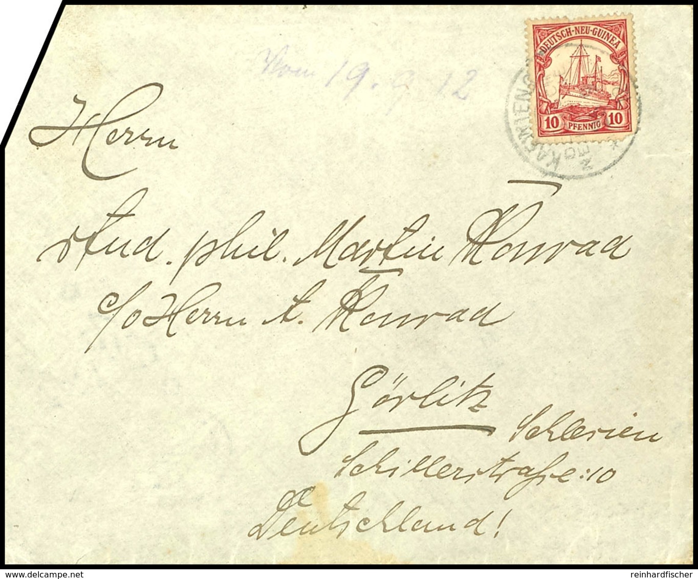 6671 1912, Brief Mit 10 Pfg Kaiseryacht , Stempel KAEWIENG DNG 25 9 12, Nach Görlitz. Absenderangabe: "Erich Konrad / Lu - Sonstige & Ohne Zuordnung