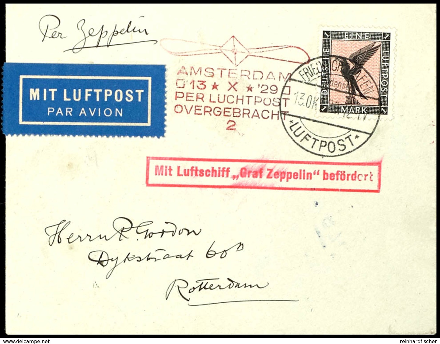 6926 1929, Hollandfahrt, Abwurf Amsterdam Mit Auflieferung Friedrichshafen Und Ankunftsstempel Type 2 In Rot, Brief Mit  - Sonstige & Ohne Zuordnung