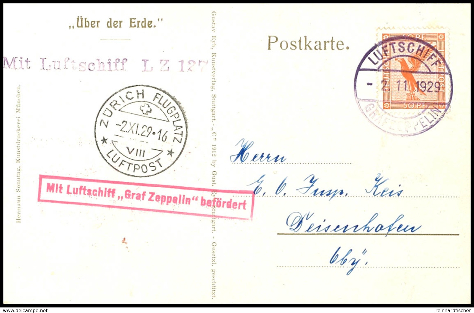 6934 1929, Fahrt Nach Zürich - Dübendorf, Bordpost Vom 2.11., Karte Mit 50 Pfg. Adler Und Vorderseitig Allen Stempeln, P - Sonstige & Ohne Zuordnung