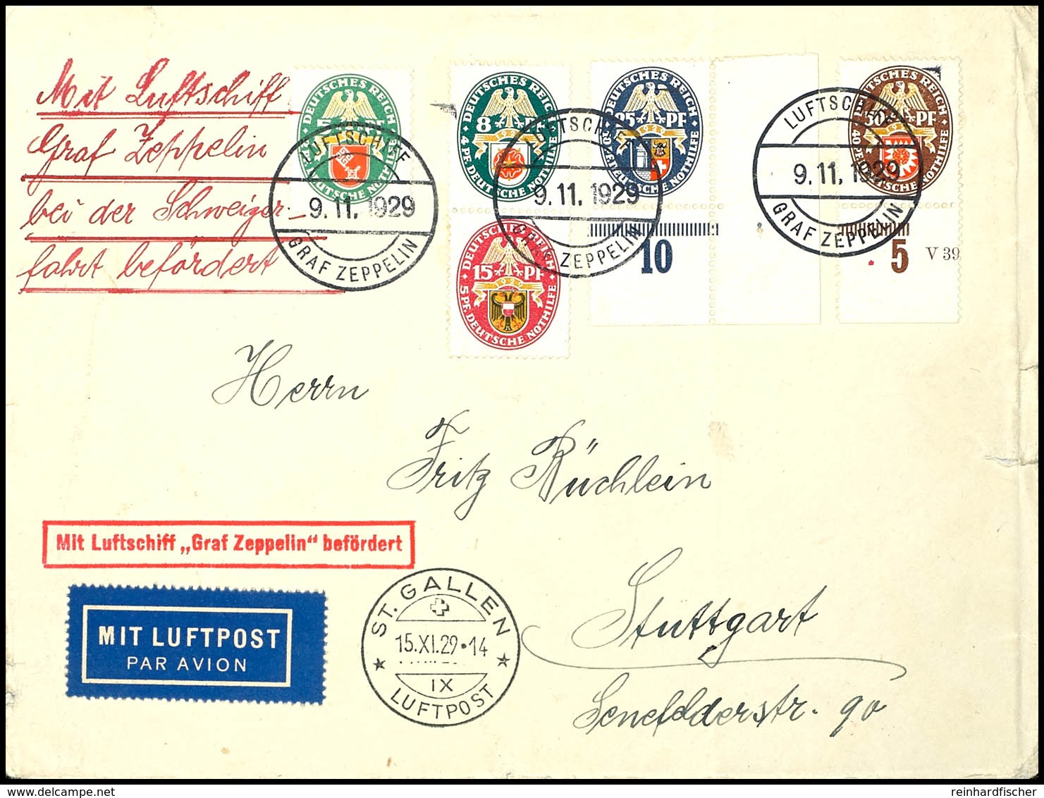 6943 1929, 50. Fahrt Des LZ 127, Bordpost Vom 9.11. Mit Abwurf St. Gallen Vom 15.11, Brief  Mit Kpl. Satz Nothilfe 1929  - Sonstige & Ohne Zuordnung