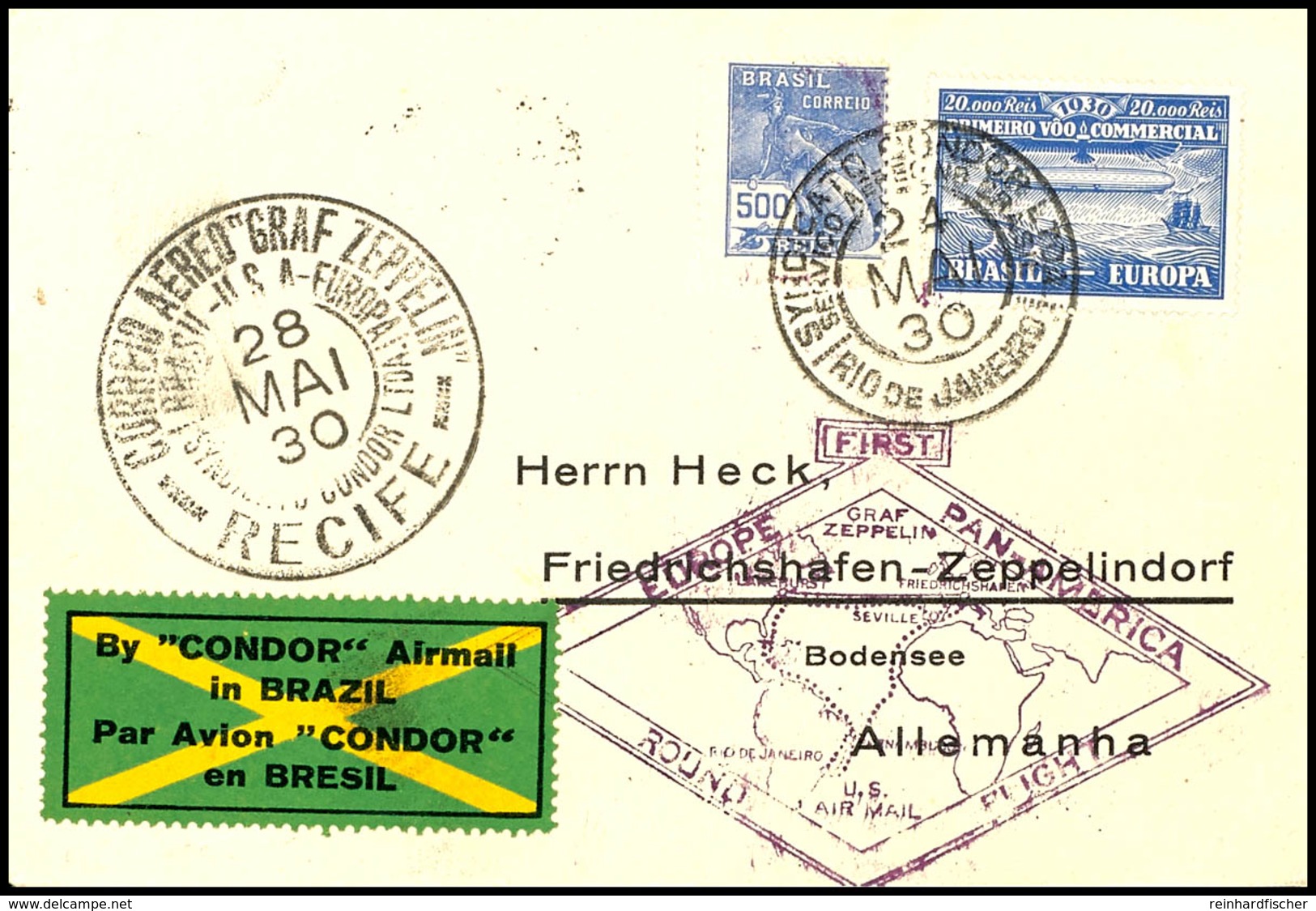 6963 1930, Südamerikafahrt, Brasilianische Post, Recife - Friedrichshafen, Brief Mit 20000 Rs. Zeppelin Und Allen Stempe - Sonstige & Ohne Zuordnung