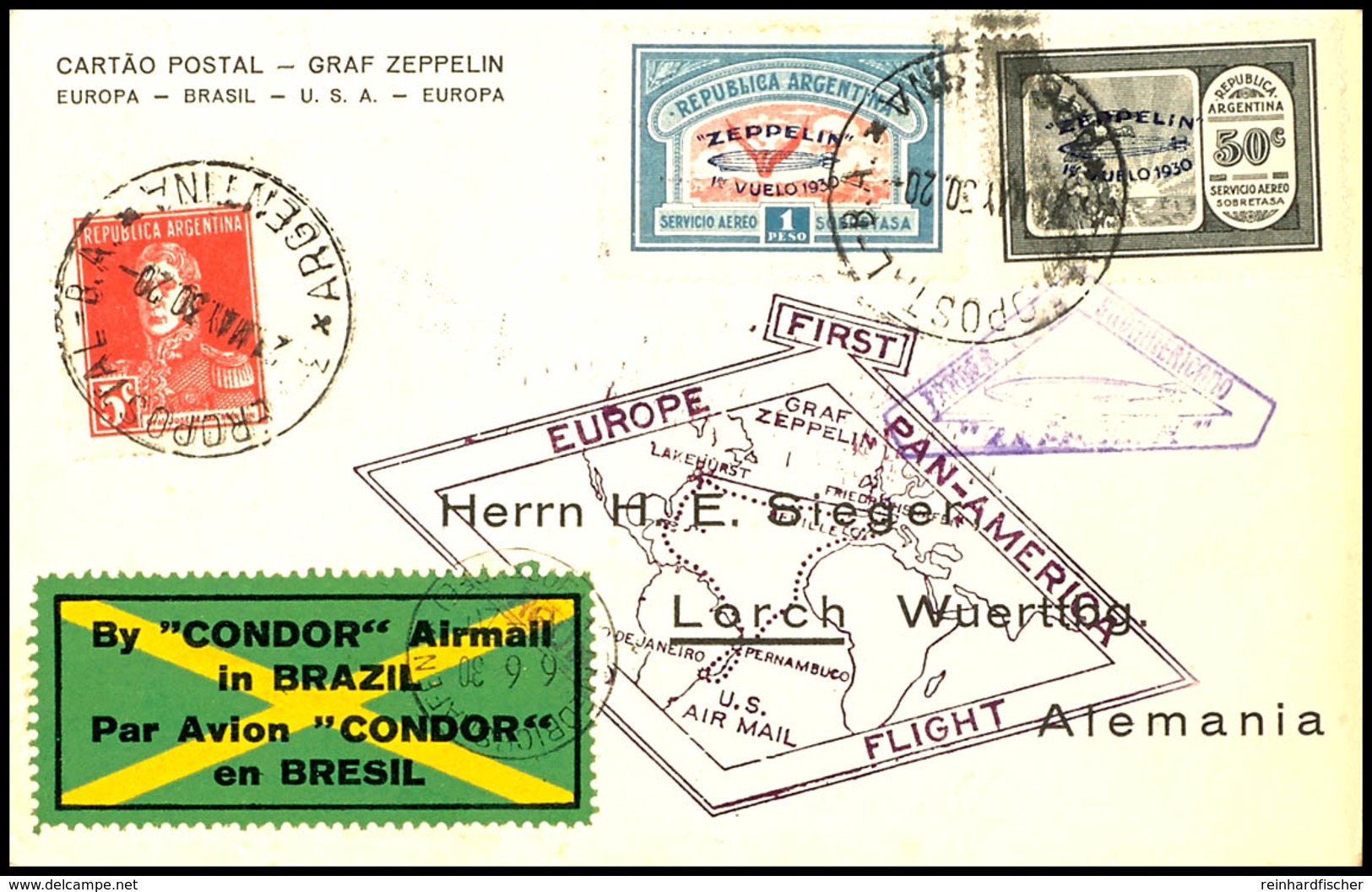 6970 1930, Südamerikafahrt, Argentinische Post, Karte Mit Zeppelinmarken 50 C. Und 1 P. Mit Blauem Aufdruck Sowie Amerik - Sonstige & Ohne Zuordnung