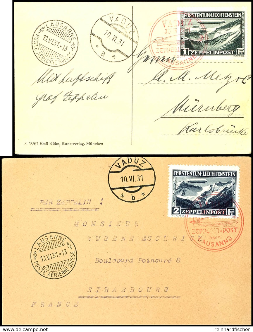 7030 1931, Fahrt Vaduz-Lausanne, Karte Mit 1 Fr. Zeppelin Und Stempel VADUZ A 10.VI Und Brief Mit 2 Fr. Zeppelin Und Ste - Sonstige & Ohne Zuordnung