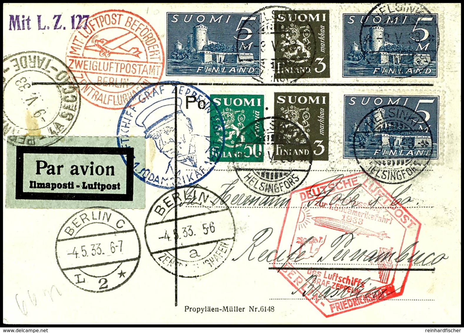 7343 Finnland: 1933, 1. Südamerikafahrt Mit Anschlussflug Berlin, Karte Aus HELSINGORS 3.V. Mit Hoher Frankatur Nach Rec - Sonstige & Ohne Zuordnung