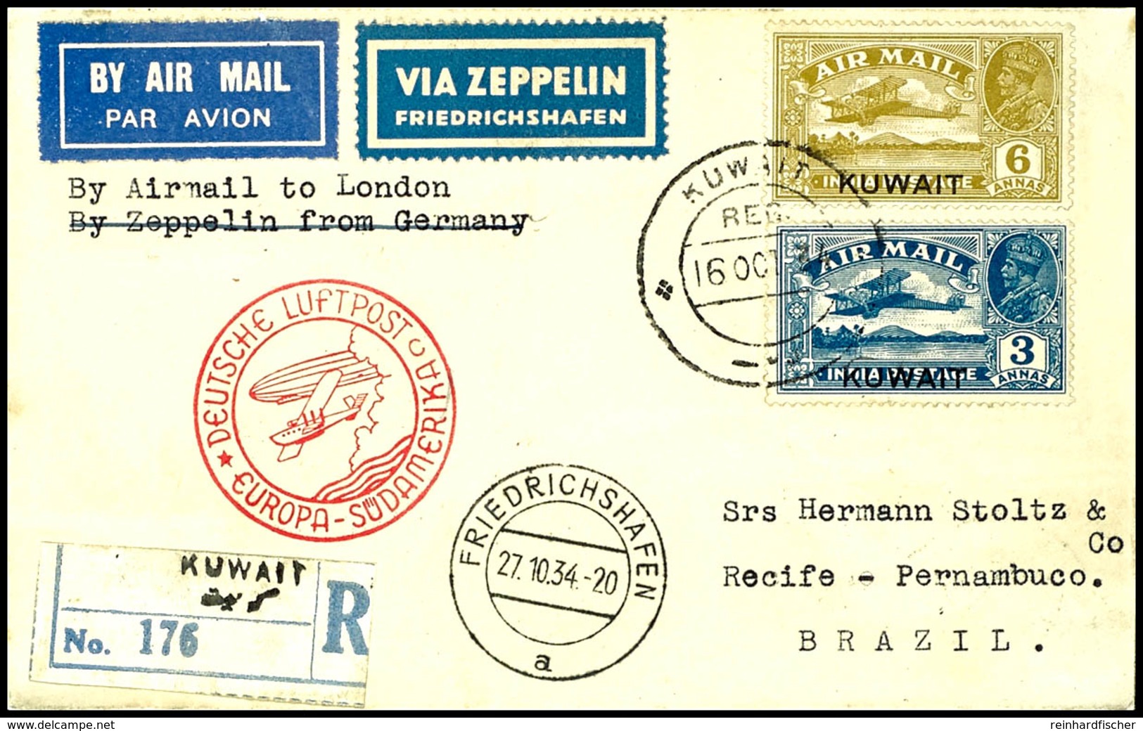 7367 Kuwait: 1934, 11. Südamerikafahrt Mit Auflieferung Friedrichshafen, R-Brief Aus KUWAIT 16.OCT. Mit Zwei Flugpost-Au - Andere & Zonder Classificatie