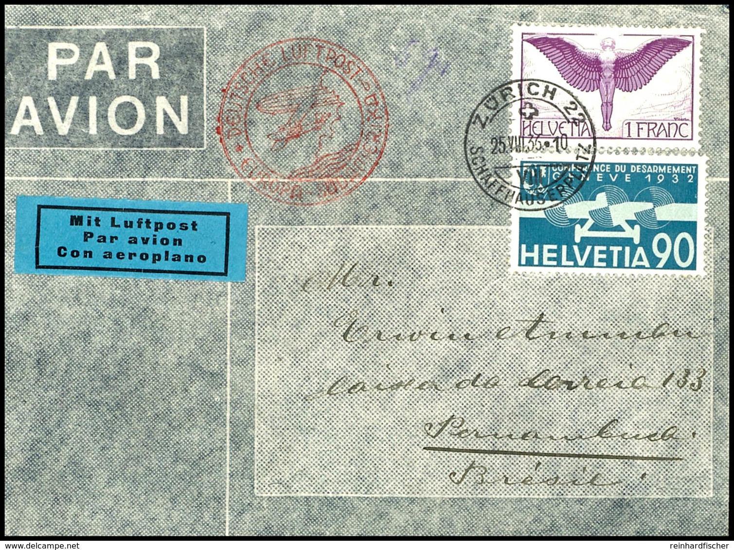 7388 Schweiz: 1936, 12. Südamerikafahrt, Brief Aus ZÜRICH 25.VIII. Mit 1 Fr. Und 90 C. Flugpost Via Frankfurt Mit Flugbe - Sonstige & Ohne Zuordnung