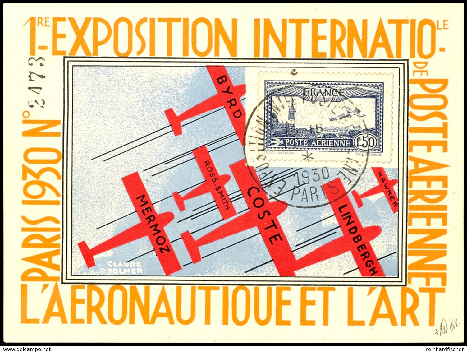 7436 1,50 Fr. Flugpost Mit Lochung "E.I.P.A. 30" Mit SST PARIS 15.11.30 Auf Nummierter Ausstellungskarte, Pracht, Signie - Andere & Zonder Classificatie